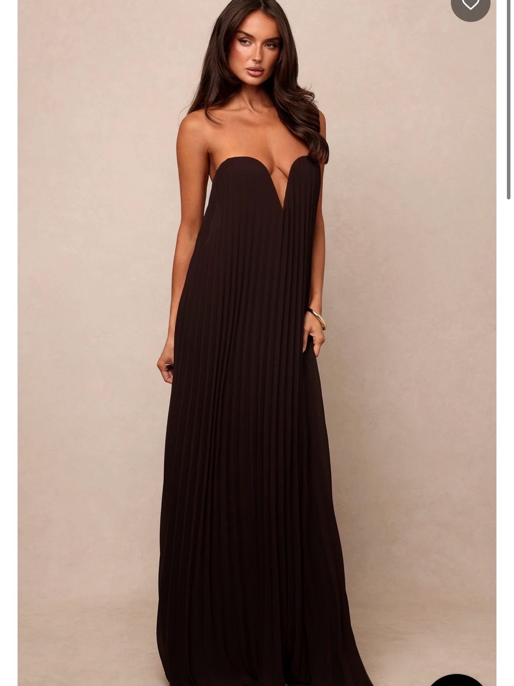 White Fox Strapless Pleated Maxi Dress in Dark Brown